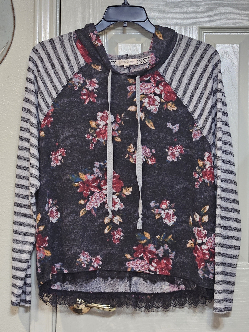 Rewind Black Floral Raglan Hoodie with Gray Stripe Sleeves